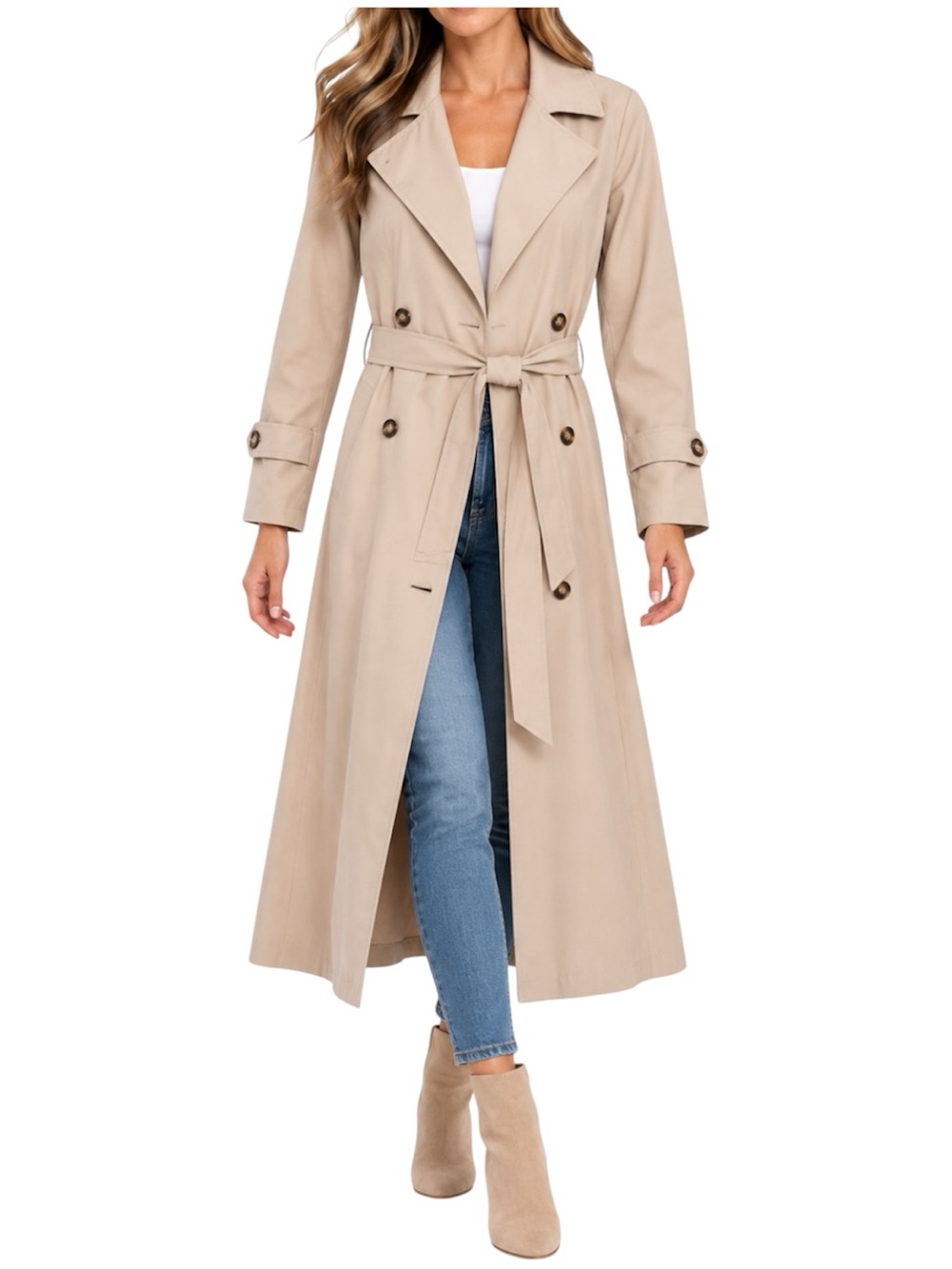 SHEIN Womens Medium Beige Long Trench Coat Belted Lightweight Double Breasted